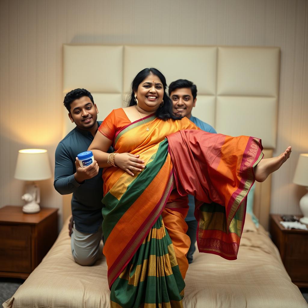 An Indian woman, portrayed as a busty BBW, is elegantly dressed in a colorful saree
