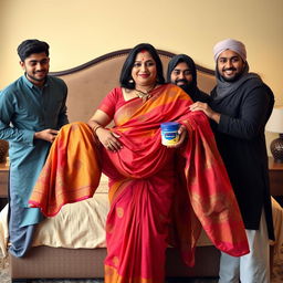 An Indian woman, portrayed as a busty BBW, is elegantly dressed in a colorful saree