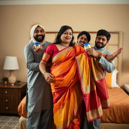 An Indian woman, portrayed as a busty BBW, is elegantly dressed in a colorful saree