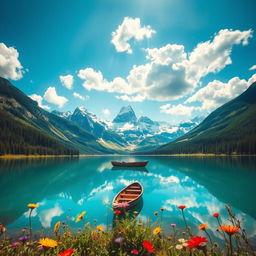 A stunning landscape showcasing a serene mountain lake surrounded by lush green forests and majestic snow-capped peaks, under a vibrant blue sky scattered with fluffy white clouds