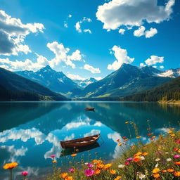 A stunning landscape showcasing a serene mountain lake surrounded by lush green forests and majestic snow-capped peaks, under a vibrant blue sky scattered with fluffy white clouds