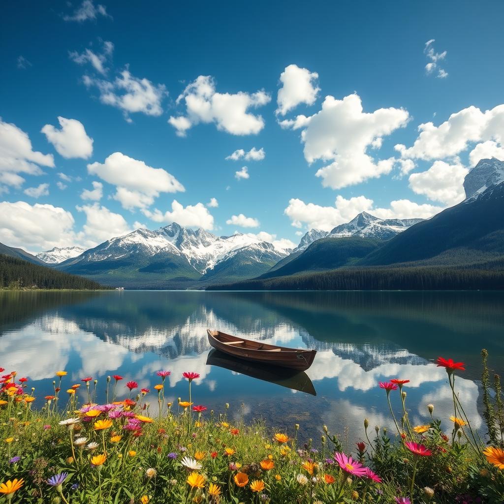 A stunning landscape showcasing a serene mountain lake surrounded by lush green forests and majestic snow-capped peaks, under a vibrant blue sky scattered with fluffy white clouds