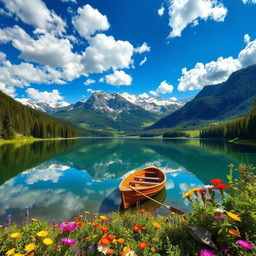 A stunning landscape showcasing a serene mountain lake surrounded by lush green forests and majestic snow-capped peaks, under a vibrant blue sky scattered with fluffy white clouds