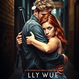 A captivating book cover featuring a 24-year-old man with light blue eyes and blonde hair, holding a weapon concealed behind him