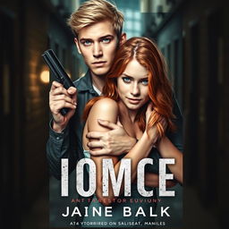 A captivating book cover featuring a 24-year-old man with light blue eyes and blonde hair, holding a weapon concealed behind him