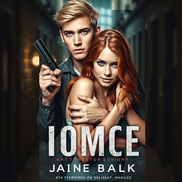 A captivating book cover featuring a 24-year-old man with light blue eyes and blonde hair, holding a weapon concealed behind him