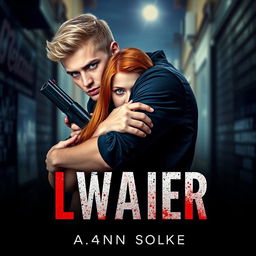 A captivating book cover featuring a 24-year-old man with light blue eyes and blonde hair, holding a weapon concealed behind him