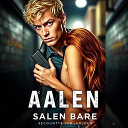 A captivating book cover featuring a 24-year-old man with light blue eyes and blonde hair, holding a weapon concealed behind him
