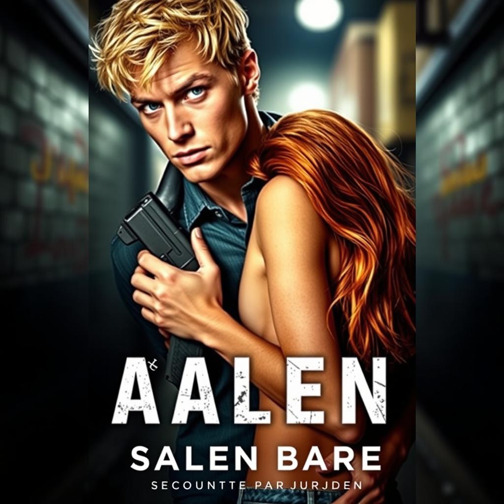 A captivating book cover featuring a 24-year-old man with light blue eyes and blonde hair, holding a weapon concealed behind him