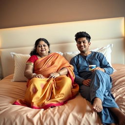An Indian woman, portrayed as a busty BBW, elegantly dressed in a vibrant saree, is comfortably seated on a large, beautifully made bed