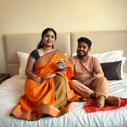 An Indian woman, portrayed as a busty BBW, elegantly dressed in a vibrant saree, is comfortably seated on a large, beautifully made bed