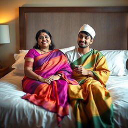 An Indian woman, portrayed as a busty BBW, elegantly dressed in a vibrant saree, is comfortably seated on a large, beautifully made bed