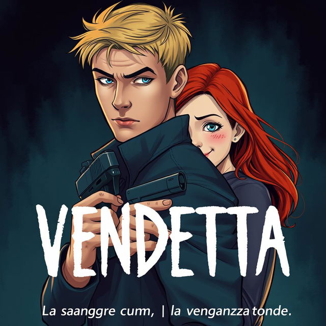 A striking illustration for a cover featuring a 24-year-old man with short blonde hair and piercing light blue eyes, casually holding a concealed weapon while embracing his 21-year-old girlfriend from behind