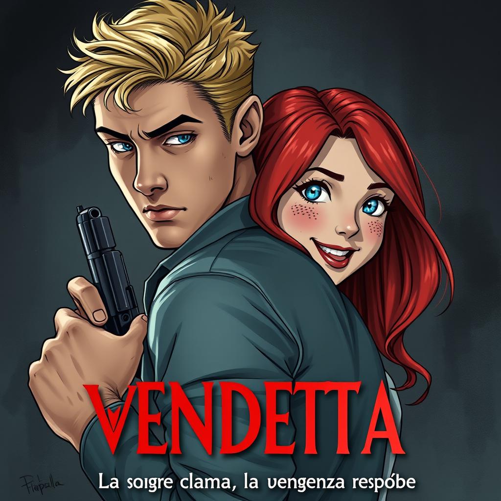 A striking illustration for a cover featuring a 24-year-old man with short blonde hair and piercing light blue eyes, casually holding a concealed weapon while embracing his 21-year-old girlfriend from behind