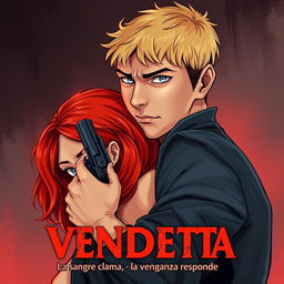 A striking illustration for a cover featuring a 24-year-old man with short blonde hair and piercing light blue eyes, casually holding a concealed weapon while embracing his 21-year-old girlfriend from behind