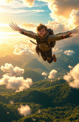A breathtaking scene depicting a fictional young adult character soaring through a vibrant sky without wings