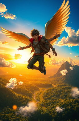 A breathtaking scene depicting a fictional young adult character soaring through a vibrant sky without wings