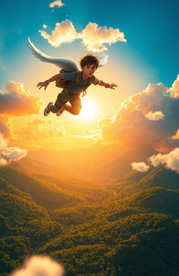 A breathtaking scene depicting a fictional young adult character soaring through a vibrant sky without wings