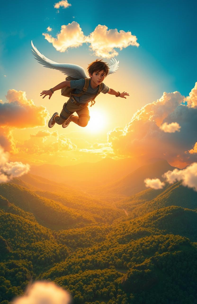 A breathtaking scene depicting a fictional young adult character soaring through a vibrant sky without wings
