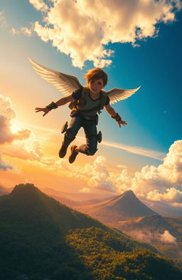 A breathtaking scene depicting a fictional young adult character soaring through a vibrant sky without wings