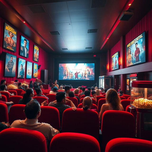 A vibrant cinema interior showcasing a bustling film theater