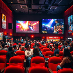 A vibrant cinema interior showcasing a bustling film theater