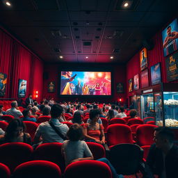 A vibrant cinema interior showcasing a bustling film theater