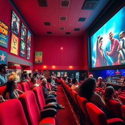 A vibrant cinema interior showcasing a bustling film theater