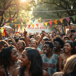 A racially diverse crowd enjoying a festival atmosphere, filled with lights and excitement, with various people dancing and celebrating