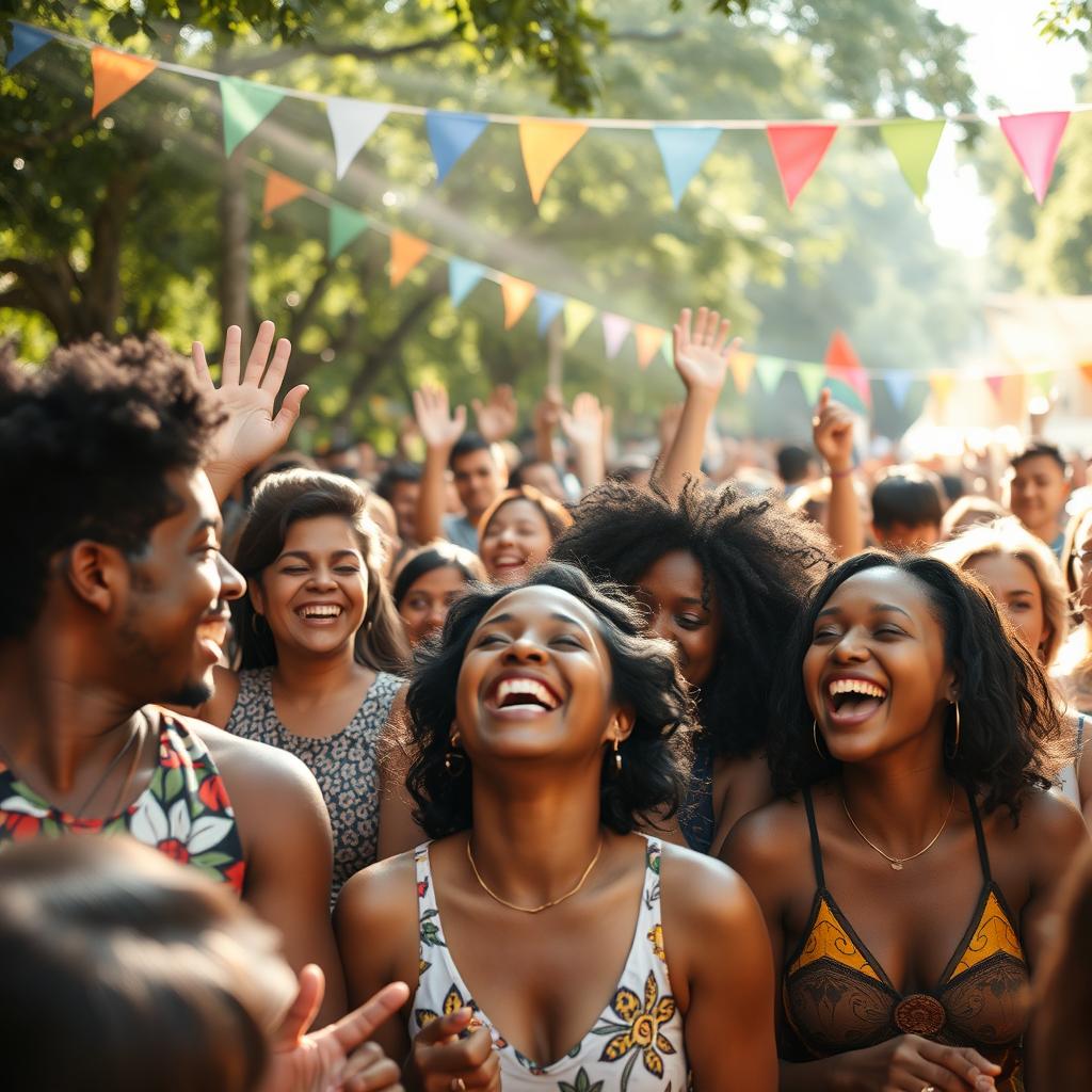 A racially diverse crowd enjoying a festival atmosphere, filled with lights and excitement, with various people dancing and celebrating
