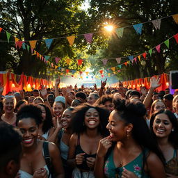 A racially diverse crowd enjoying a festival atmosphere, filled with lights and excitement, with various people dancing and celebrating