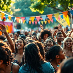 A racially diverse crowd enjoying a festival atmosphere, filled with lights and excitement, with various people dancing and celebrating