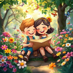 A whimsical, playful scene featuring two cartoon characters, a boy and a girl, both around the age of 10, sitting together in a lush, colorful garden filled with vibrant flowers and butterflies