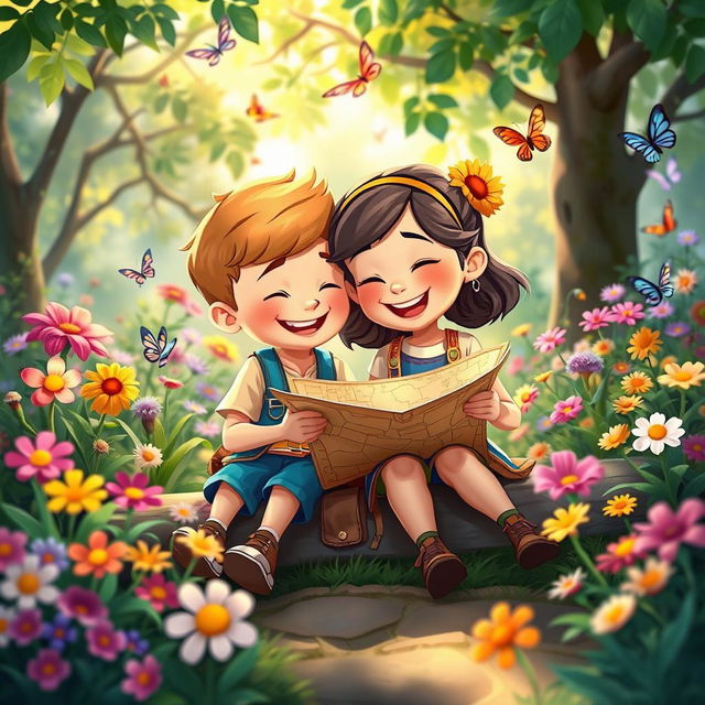 A whimsical, playful scene featuring two cartoon characters, a boy and a girl, both around the age of 10, sitting together in a lush, colorful garden filled with vibrant flowers and butterflies