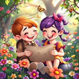 A whimsical, playful scene featuring two cartoon characters, a boy and a girl, both around the age of 10, sitting together in a lush, colorful garden filled with vibrant flowers and butterflies