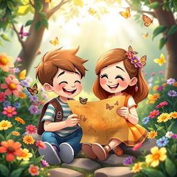 A whimsical, playful scene featuring two cartoon characters, a boy and a girl, both around the age of 10, sitting together in a lush, colorful garden filled with vibrant flowers and butterflies