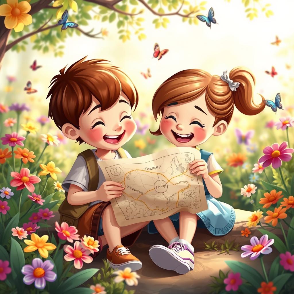 A whimsical, playful scene featuring two cartoon characters, a boy and a girl, both around the age of 10, sitting together in a lush, colorful garden filled with vibrant flowers and butterflies