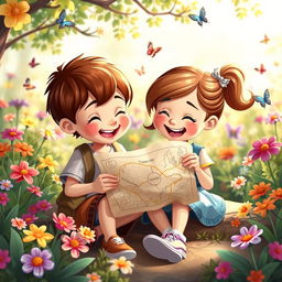 A whimsical, playful scene featuring two cartoon characters, a boy and a girl, both around the age of 10, sitting together in a lush, colorful garden filled with vibrant flowers and butterflies
