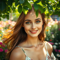 A beautiful woman with captivating green eyes gently blinking her eyes, showcasing a soft smile