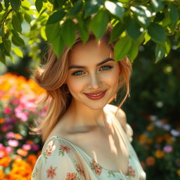 A beautiful woman with captivating green eyes gently blinking her eyes, showcasing a soft smile