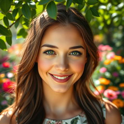 A beautiful woman with captivating green eyes gently blinking her eyes, showcasing a soft smile