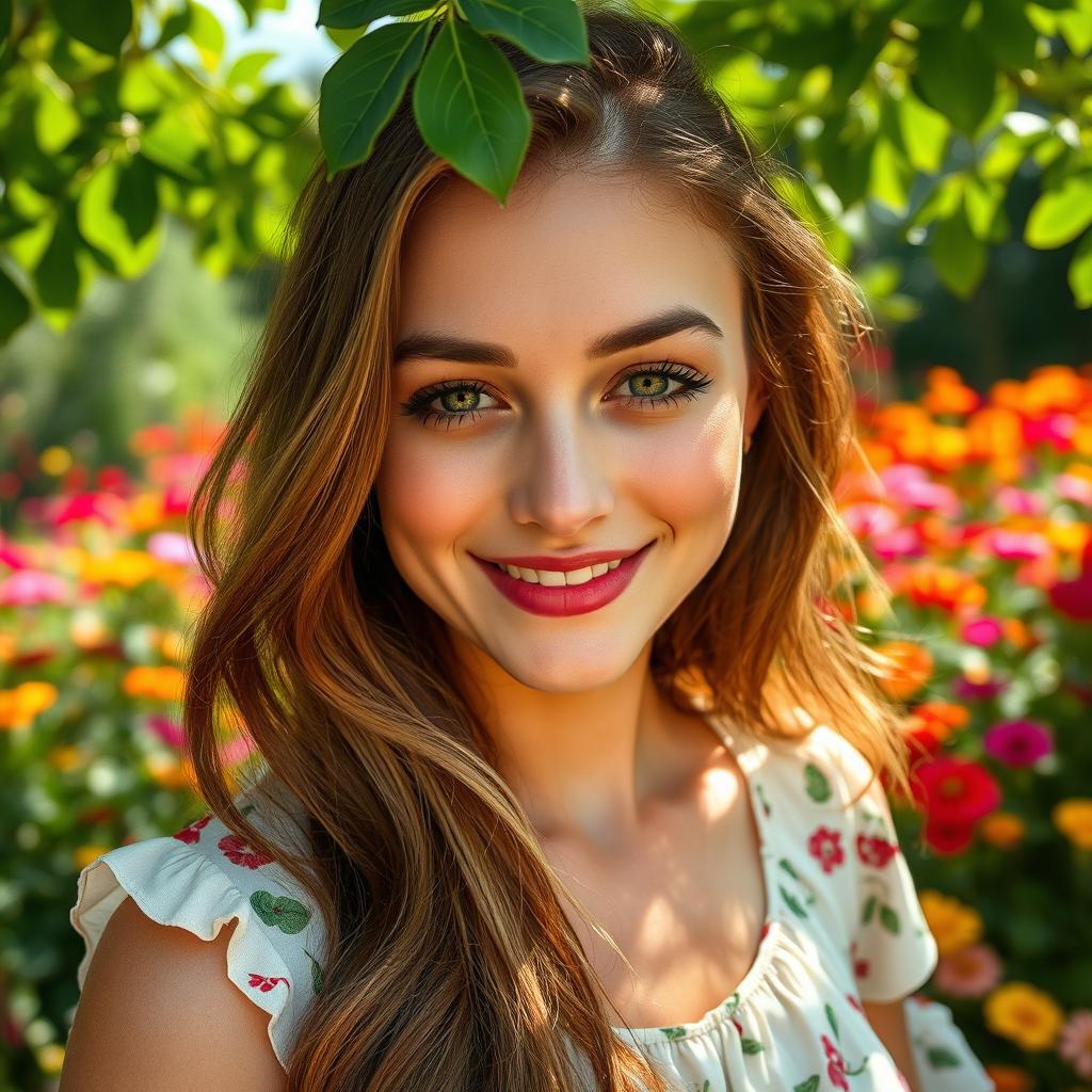 A beautiful woman with captivating green eyes gently blinking her eyes, showcasing a soft smile