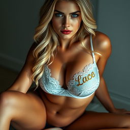 A striking blonde woman with long wavy hair and piercing blue eyes poses gracefully on her hands and knees, wearing light blue silk delicate lingerie with white lace accents