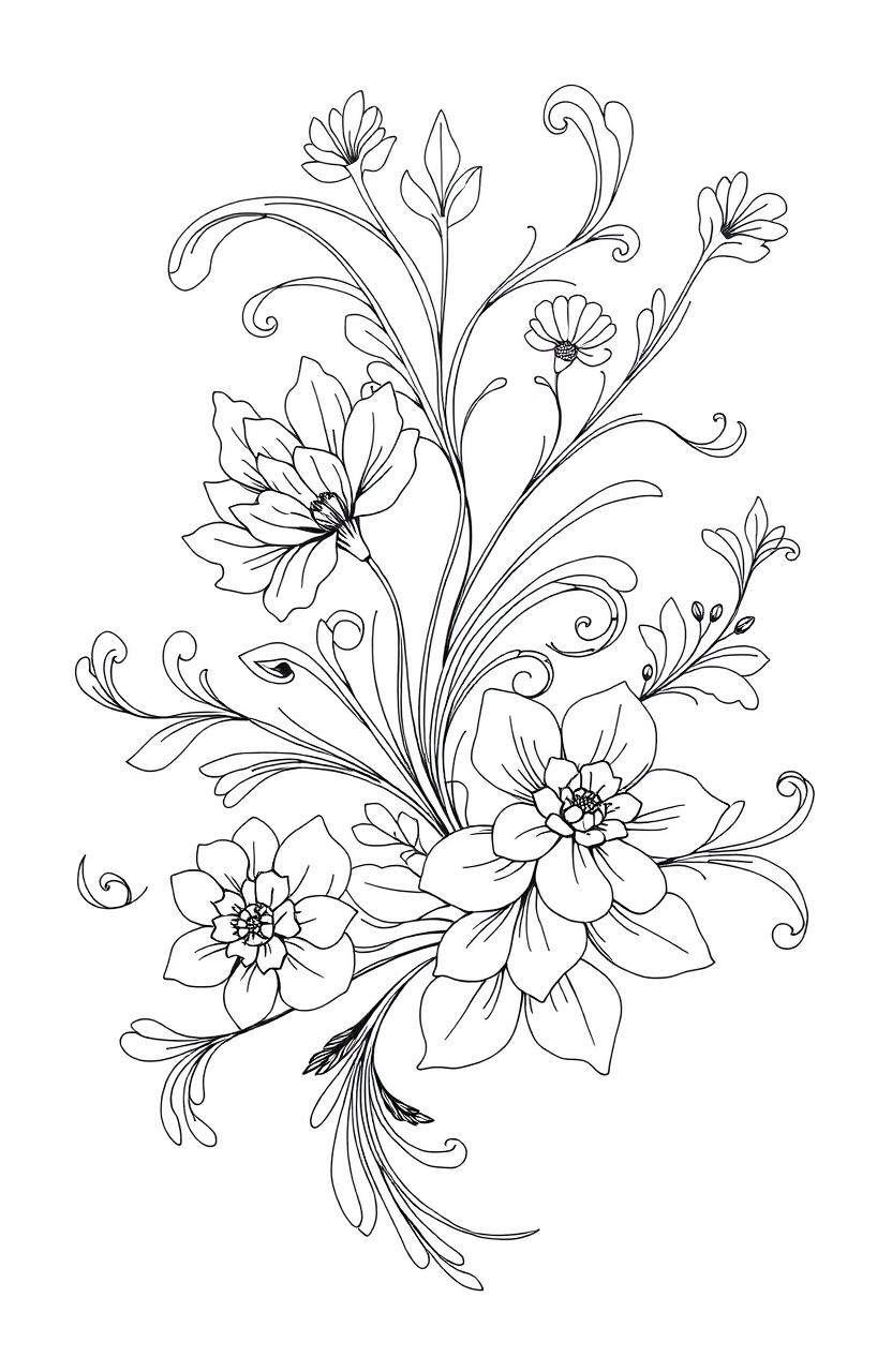 an elegant black and white line art composition featuring intricate floral designs and delicate curves, incorporating abstract shapes and geometric patterns, creating a harmonious balance between complexity and simplicity, radiating sophistication and modern artistry