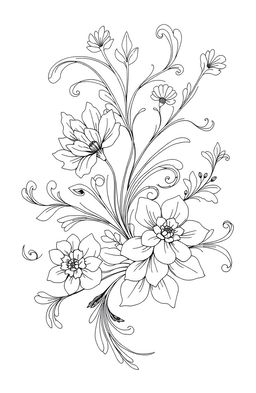 an elegant black and white line art composition featuring intricate floral designs and delicate curves, incorporating abstract shapes and geometric patterns, creating a harmonious balance between complexity and simplicity, radiating sophistication and modern artistry
