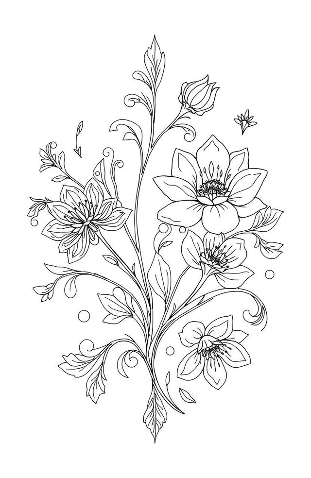 an elegant black and white line art composition featuring intricate floral designs and delicate curves, incorporating abstract shapes and geometric patterns, creating a harmonious balance between complexity and simplicity, radiating sophistication and modern artistry