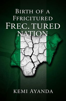 A mature, compelling book cover for 'Birth of a Fractured Nation' by Kemi Ayanda, featuring a symbolic representation of a fractured nation with cracked earth or shattered map imagery overlaying the Nigerian flag colors of green and white
