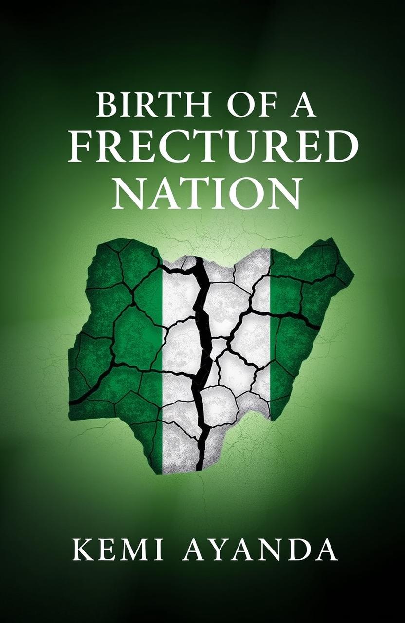 A mature, compelling book cover for 'Birth of a Fractured Nation' by Kemi Ayanda, featuring a symbolic representation of a fractured nation with cracked earth or shattered map imagery overlaying the Nigerian flag colors of green and white