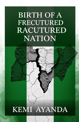 A mature, compelling book cover for 'Birth of a Fractured Nation' by Kemi Ayanda, featuring a symbolic representation of a fractured nation with cracked earth or shattered map imagery overlaying the Nigerian flag colors of green and white