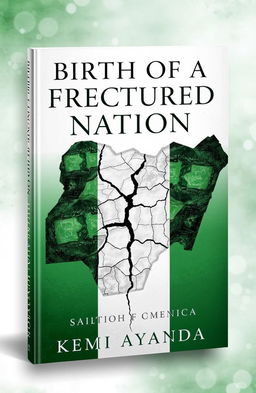 A mature, compelling book cover for 'Birth of a Fractured Nation' by Kemi Ayanda, featuring a symbolic representation of a fractured nation with cracked earth or shattered map imagery overlaying the Nigerian flag colors of green and white